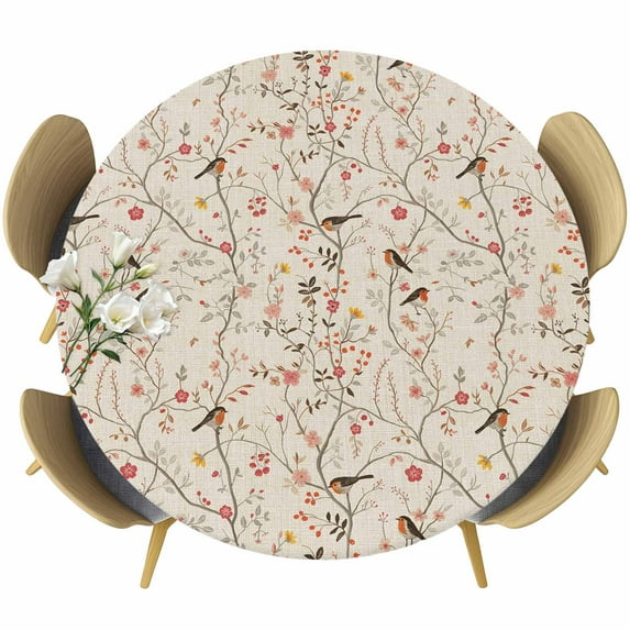 Flowers Birds Round Tablecloth 55-60 Inch Round Fitted Table Cloth with Elastic Edge, Country Retro Botanical Floral Branches Waterproof Table Cover Protector for Outdoor Picnic Party Dining