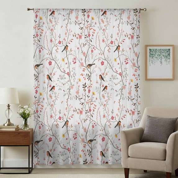 Flowers Birds Sheer Curtains 45 Inches Long, Spring Botanical Floral Tree Branches Light Filering Curtains, Breathable Simi Curtain Privacy Drapes for Kitchen Bathroom Small Window Treatment