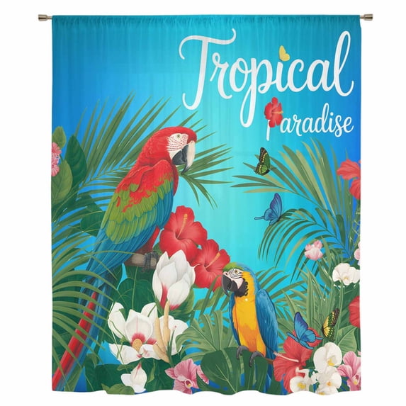 Flowers Birds Sheer Curtains 54 Inches Long, Summer Botanical Floral Watercolor Butterfly Light Filering Curtains, Breathable Simi Curtain Privacy Drapes for Kitchen Bathroom Small Window Treatment