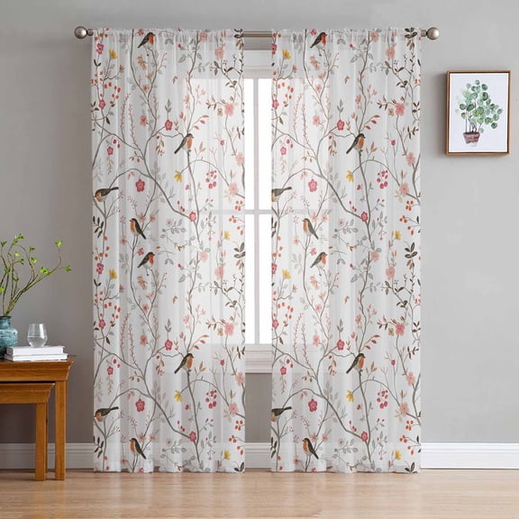 Flowers Birds Sheer Curtains 84 Inches Long 2 Panels Set, Window Sheer Curtains for Living Room/Bedroom, Spring Botanical Floral Tree Branches Light Filtering Rod Pocket Curtain 52'' x 84'' x 2