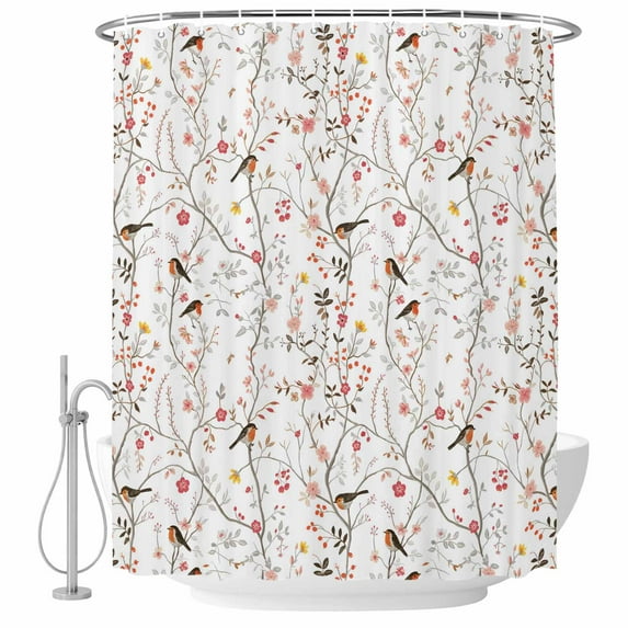 Flowers Birds Shower Curtain, Waterproof Shower Curtains for Bathroom, Farmhouse Botanical Floral Branches Plants Washable Fabric Bathtub Curtain Set Bath Decor with 12 Hooks 48"x72"