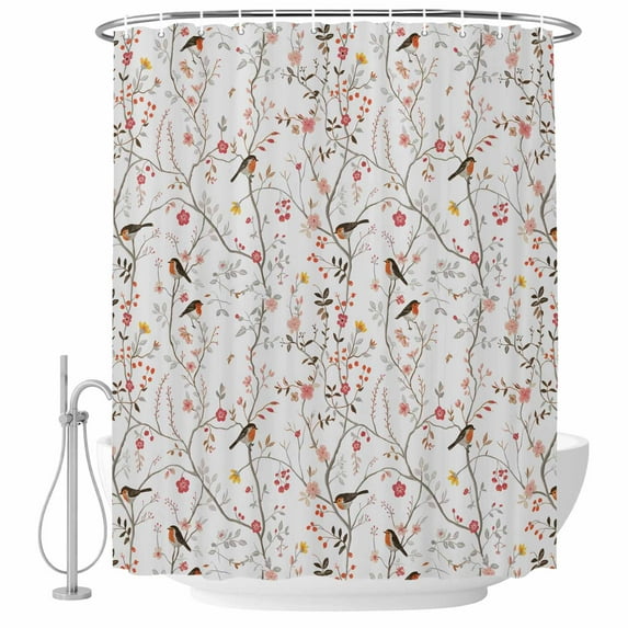 Flowers Birds Shower Curtain, Waterproof Shower Curtains for Bathroom, Spring Botanical Floral Tree Branches Washable Fabric Bathtub Curtain Set Bath Decor with 12 Hooks Standard 72"x72"