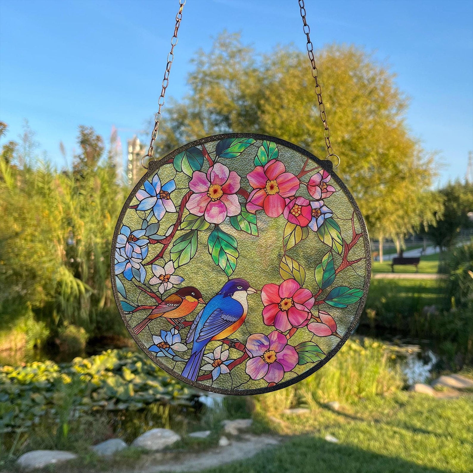 Flowers & Birds Stained Glass Style Wall and Window Decoration, Sun