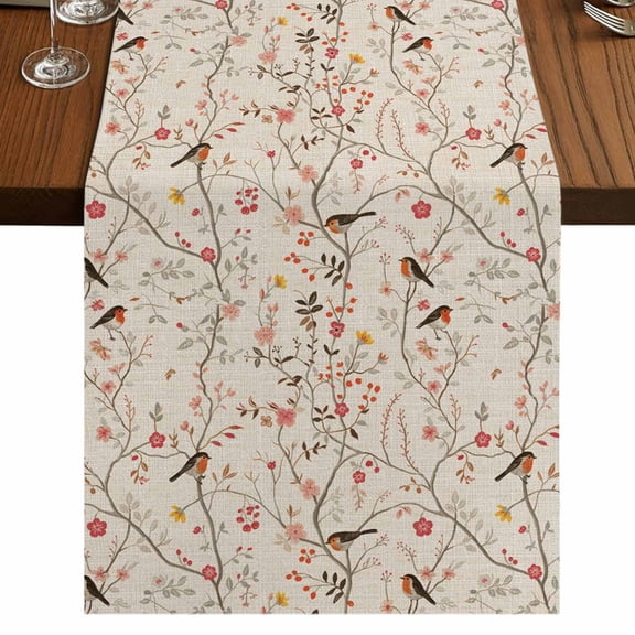 Flowers Birds Table Runner 70 Inches Long,Country Retro Botanical Floral Branches Cotton Linen Table Runners Dresser Scarves,Decorative Tabletop Scarf Furniture Cover for Home Dinner Party 13"x70"