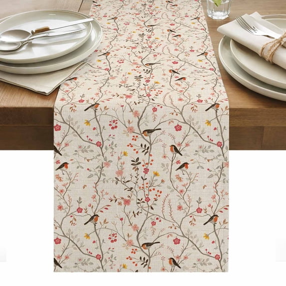 Flowers Birds Table Runner - 72 Inch Long, Kitchen Dining Table Runner Dresser Scarves, Country Retro Botanical Floral Branches Farmhouse Decor for Coffee Tables Wedding Party Banquet