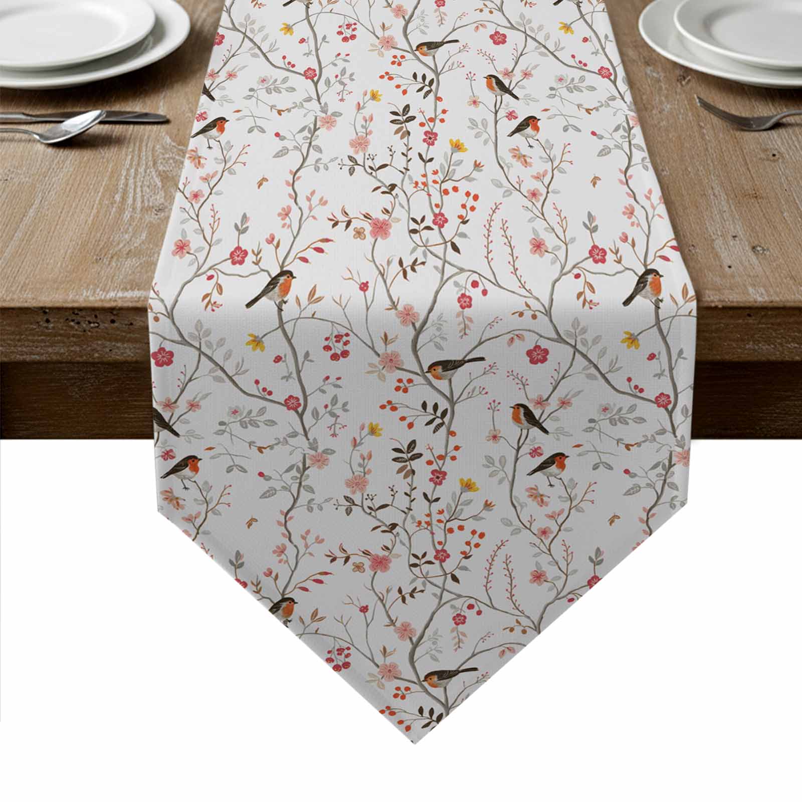 Flowers Birds Table Runner Linen Burlap Table Runner 36 Inches Small ...