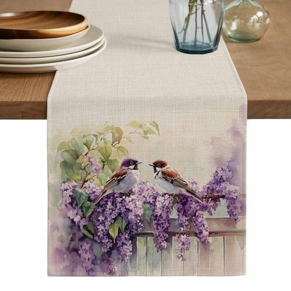 Flowers Birds Table Runner, Spring Blossoming Botanical Painting Washable Cotton Linen Table Runners 36 Inches Long, Dresser Scarf Runner for Nightstand/End Tables/Round Tables 13''x36''