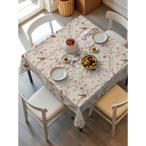 Flowers Birds Tablecloth Square Table Cloth 54x54, Waterproof Tablecloth Outdoor Table Cloth, Country Retro Botanical Floral Branches Washable Table Cover for Kitchen Dinning Party
