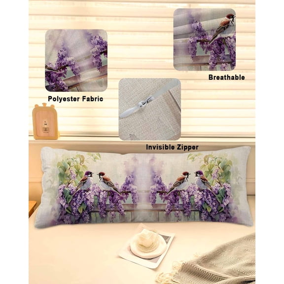 Flowers Birds Throw Pillow Covers, Spring Blossoming Botanical Painting Soft Breathable Pillow Cases with Invisible Zipper for Sleeping, Long Body Pillowcases for Couch Bed Sofa Chair 20x60 Inches