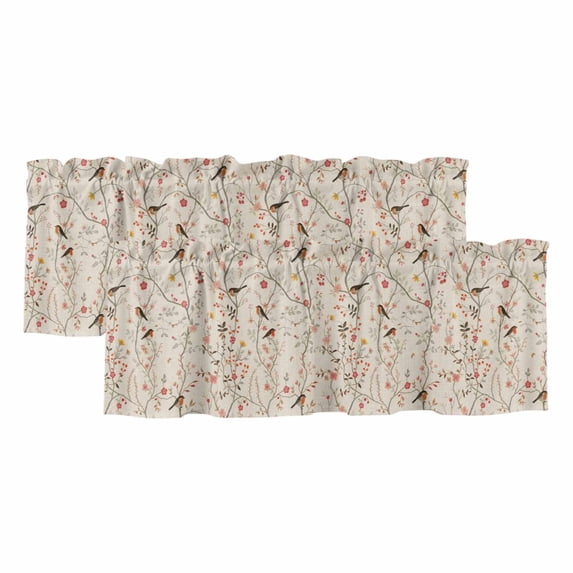 Flowers Birds Valances for Windows, Decorative Rod Pocket Window Valance Curtains, Country Retro Botanical Floral Branches Short Curtain Drapes for Kitchen/Living Room, 2 Panels, 42" W x 12" L