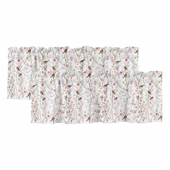 Flowers Birds Valances for Windows, Decorative Rod Pocket Window Valance Curtains, Farmhouse Botanical Floral Branches Plants Short Curtain Drapes for Kitchen/Living Room, 2 Panels, 42" W x 18" L