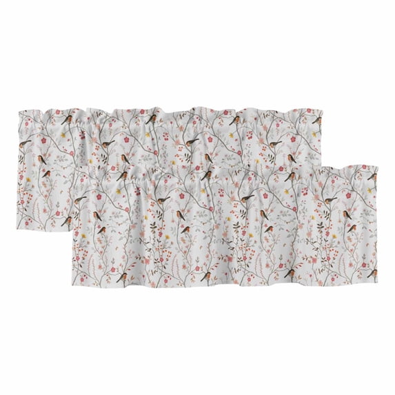 Flowers Birds Valances for Windows, Decorative Rod Pocket Window Valance Curtains, Spring Botanical Floral Tree Branches Short Curtain Drapes for Kitchen/Bathroom/Living Room, 2 Panels, 42" W x 12" L