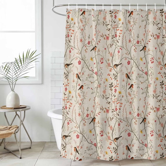 Flowers Birds Waterproof Shower Curtain, Stall 36"x72" Washable Polyester Fabric Shower Curtains for Bathroom, Country Retro Botanical Floral Branches Decorative Bathtub Curtain Sets with Hooks