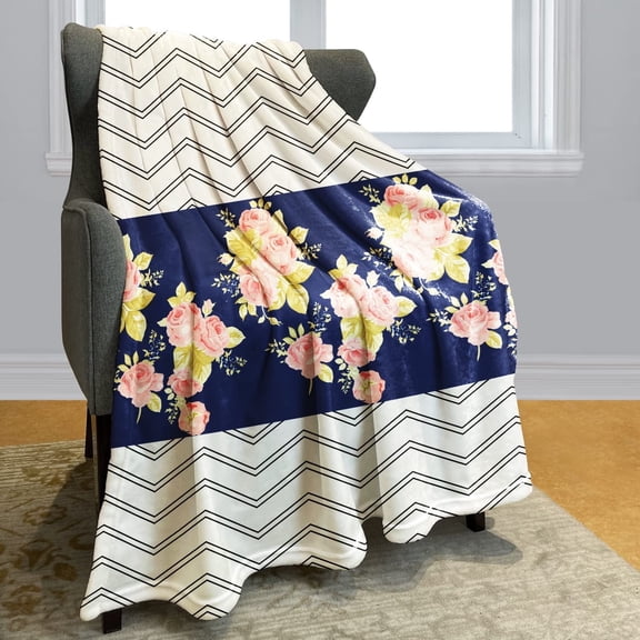 Flowers Blankets Pop Chevron Navy Black White Print Cozy Soft Warm Bed Couch Throw Blanket for Baby Gifts 50"x60"