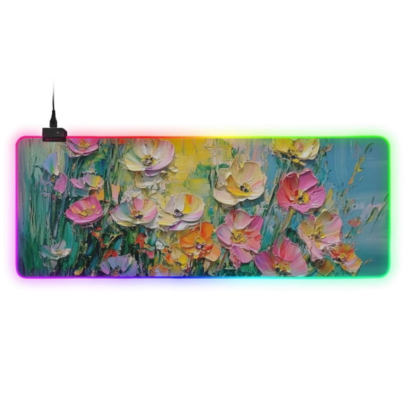 Flowers Bloom Oil Painting RGB Gaming Mouse Pad Large Keyboard Mat Rubber Base 13 Light Modes