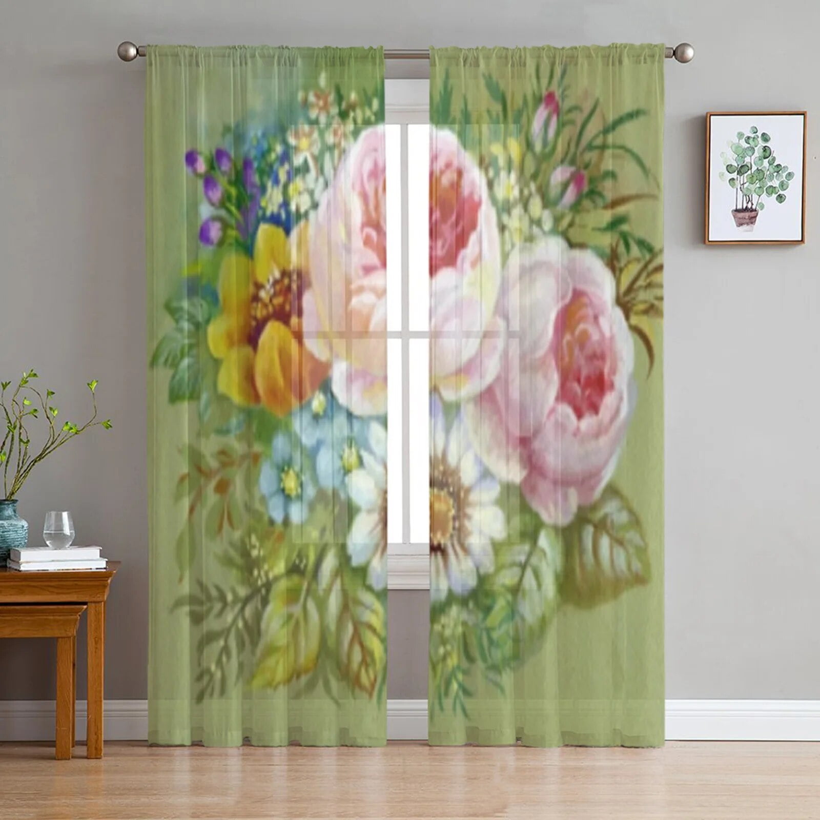 Flowers Bloom Turquoise Plants Roses Modern Tulle Curtains for Living ...