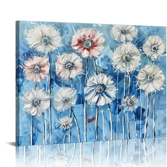 Flowers Blue Background White Stripes Canvas Wall Art Decor Ready to Hang - Home Room Decoration 20x16in