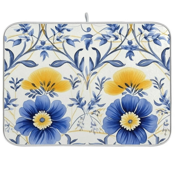 Flowers Blue Dish Drying Mat Microfiber Kitchen Mats Large Counter Absorbent Dish Pad Drainer Rack 18"x24"