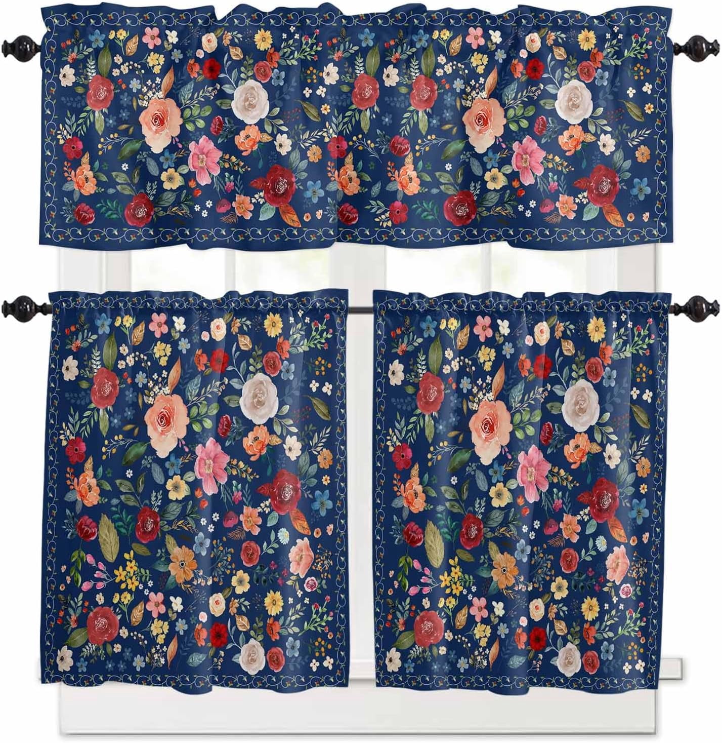 Flowers Blue Kitchen Curtains and Valances Set, Rod Pocket Curtains Tier Farmhouse Window Curtains 36 Inch Length, Summer Floral Leaves Farmhouse Retro 3 Piece Kitchen Curtains Set