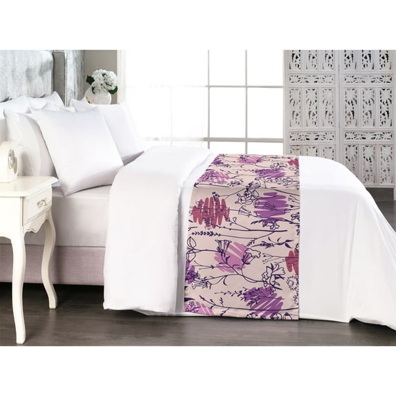 Flowers Boho Bed Runner, Line Art Wild Meadow Blossoms Pattern Modern Garden Scene Print, Decorative Accent Bedding Scarf for Hotels Homes & Guest Rooms, King, Soft Pink and Dark Purple, by Ambesonne