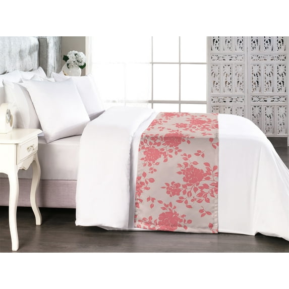 Flowers Boho Bed Runner, Monochrome Silhouettes of Blooming Floral with Leaves Romantic Print, Decorative Accent Bedding Scarf for Hotels Homes & Guest Rooms, Queen, Coral and Pale Rose, by Ambesonne