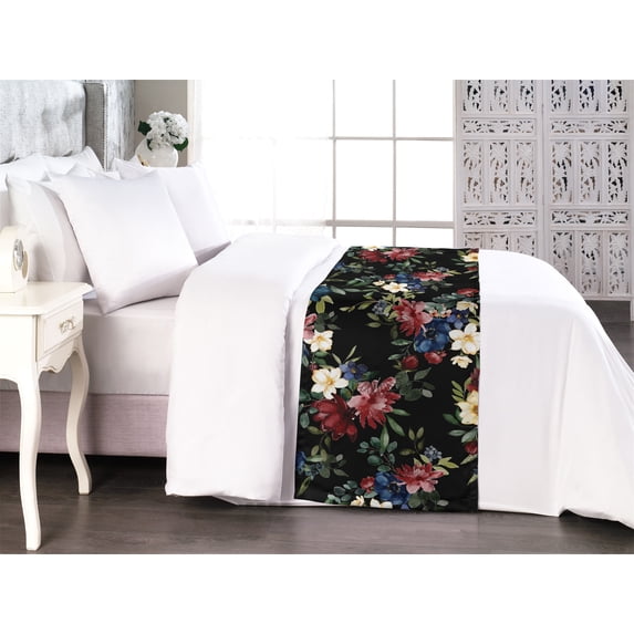 Flowers Boho Bed Runner, Night Forest Themed Flowers Vintage Pattern with Leaves Greenery, Decorative Accent Bedding Scarf for Hotels Homes & Guest Rooms, King, Pale Yellow Reseda Green, by Ambesonne