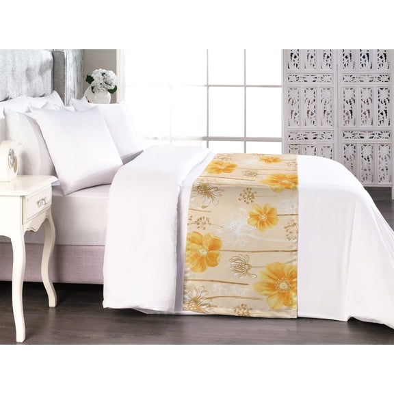 Flowers Boho Bed Runner, Romantic Summer Vibes Delicate Floral Pattern with Silhouettes, Decorative Accent Bedding Scarf for Hotels Homes & Guest Rooms, Queen, Earth Yellow Mustard Tan, by Ambesonne