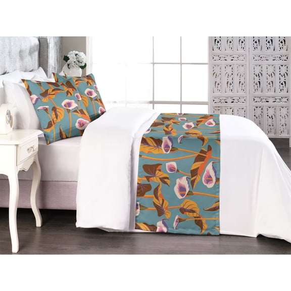Flowers Boho Bed Runner Set, Abstract Colors of Calla Lily Flowers Pattern with Leaves Print, Decorative Bedding Scarf & 2 Pillow Shams for Hotels Homes, King, Cadet Blue Fuchsia Orange, by Ambesonne