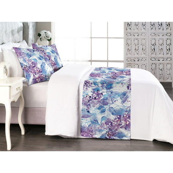 Flowers Boho Bed Runner Set, Botany Inspirations Watercolor Floral Silhouettes Garden Scene, Decorative Bedding Scarf & 2 Pillow Shams for Hotels Homes, King, Sea Blue Pale Lilac White, by Ambesonne