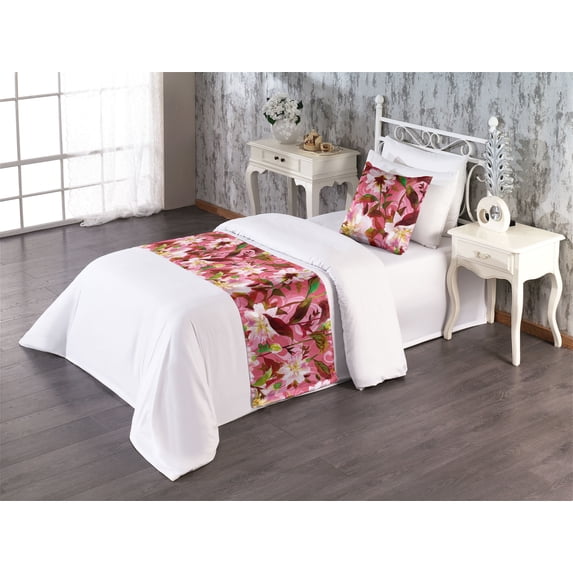 Flowers Boho Bed Runner Set, Buds and Stems Illustrations with Leaves on Trippy Colors Backdrop, Decorative Bedding Scarf & a Pillow Sham for Hotels Homes, Twin, Pastel Pink Fern Green, by Ambesonne