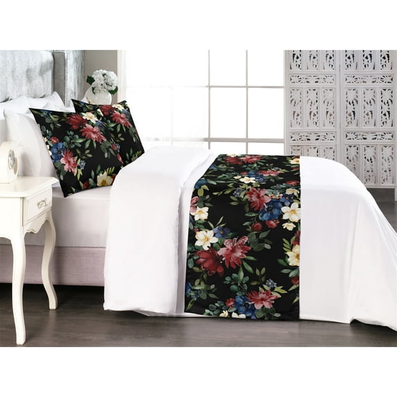 Flowers Boho Bed Runner Set, Night Forest Themed Flowers Vintage Pattern with Leaves Greenery, Decorative Bedding Scarf & 2 Pillow Shams for Hotels Homes, King, Pale Yellow Reseda Green, by Ambesonne