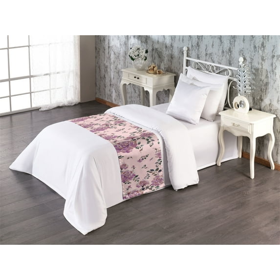 Flowers Boho Bed Runner, Watercolor Print of British Garden Roses Romantic Pattern Art, Decorative Accent Bedding Scarf for Hotels Homes & Guest Rooms, Twin, Pastel Pink and Pale Purple, by Ambesonne