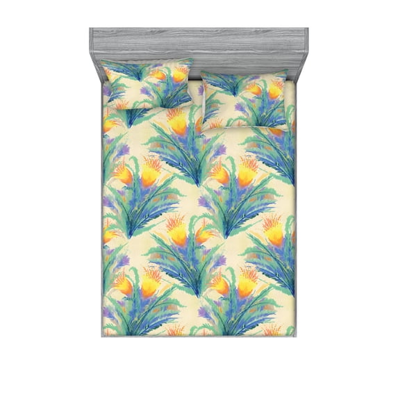 Flowers Boho Fitted Sheet & Pillow Sham Set, Aquarelle Style Illustrated Floral Pattern with Leaves Artwork, Decorative Printed 3 Piece Bedding Decor, Queen, Sea Green Mustard Violet, by Ambesonne