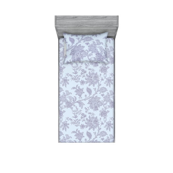 Flowers Boho Fitted Sheet & Pillow Sham Set, Bohemian Purplish Modern Minimalist Oriental Floral Design Neutral, Decorative Printed 2 Piece Bedding Decor, Twinxl, Pale Ceil Blue Mauve, by Ambesonne