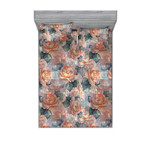 Flowers Boho Fitted Sheet & Pillow Sham Set, Dreamy Vibes Rose Pattern With Neutral Colors Springtime Garden Drawing, Decorative Printed 3 Piece Bedding Decor, Full, Burnt Sienna Rose, by Ambesonne