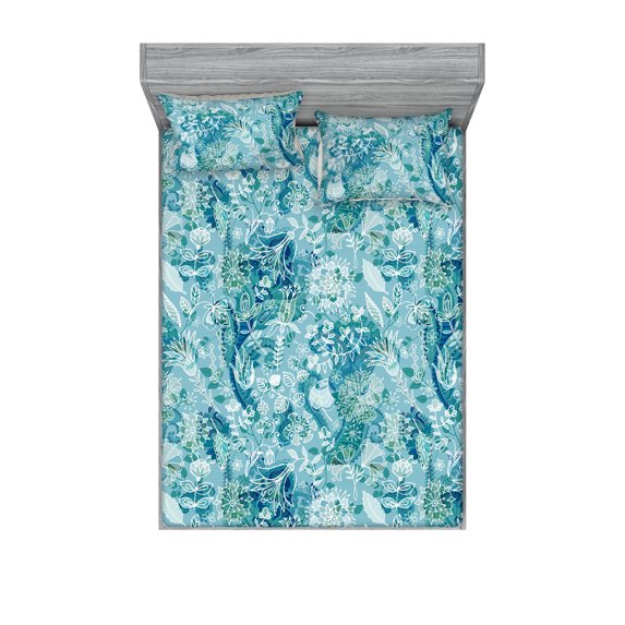 Flowers Boho Fitted Sheet & Pillow Sham Set, Nautical Colors Leaves and Floral Motifs with Paisley Shapes Art, Decorative Printed 3 Piece Bedding Decor, Full, Seafoam Cadet Blue White, by Ambesonne
