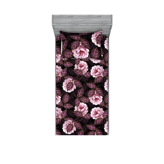 Flowers Boho Fitted Sheet & Pillow Sham Set, Night Time Jungle Themed Floral Artwork Leaves Romantic Design, Decorative Printed 2 Piece Bedding Decor, Twin, Dark Purple Blush and Plum, by Ambesonne