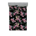 thumbnail image 1 of Flowers Boho Fitted Sheet & Pillow Sham Set, Night Time Jungle Vibes Blooming Rose with Leaves Greenery on Dark Back, Decorative Printed 3 Piece Bedding Decor, King, Pink Reseda Green, by Ambesonne, 1 of 2