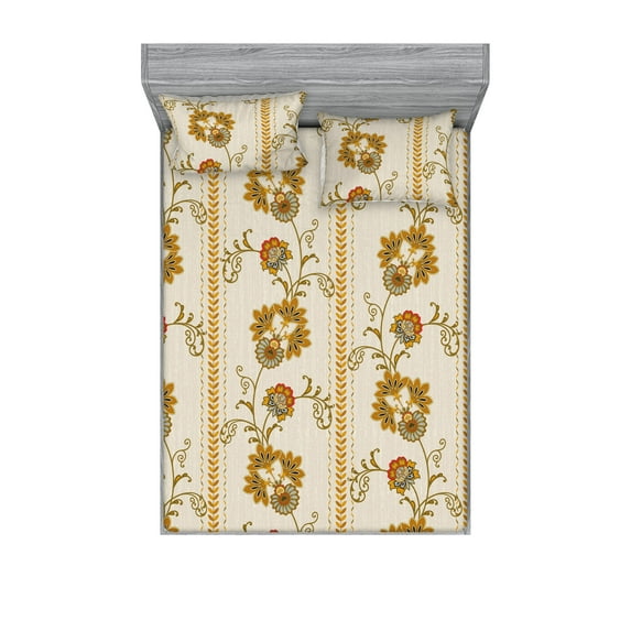 Flowers Boho Fitted Sheet & Pillow Sham Set, Oriental Floral Design with Vertical Leaves Pattern Ethnic Artwork, Decorative Printed 3 Piece Bedding Decor, Full, Pale Tan Dark Yellow, by Ambesonne