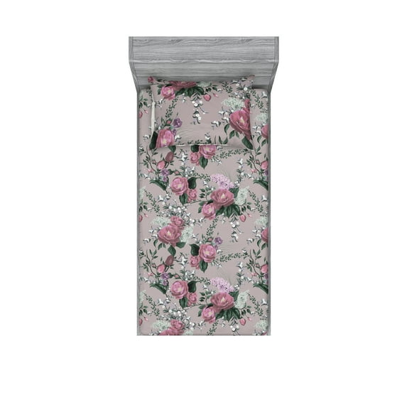 Flowers Boho Fitted Sheet & Pillow Sham Set, Romantic Spring Vibes Rose and Lilac Pattern with Leaves Print, Decorative Printed 2 Piece Bedding Decor, Twinxl, Hunter Green Dried Rose, by Ambesonne