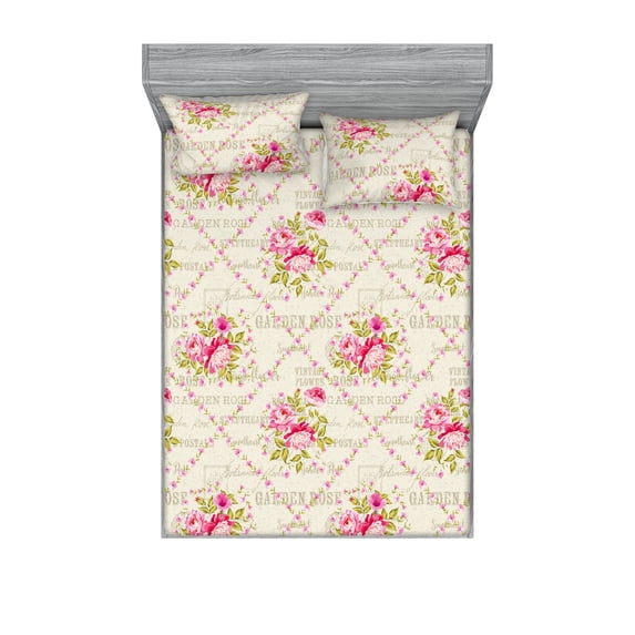 Flowers Boho Fitted Sheet & Pillow Sham Set, Vintage Design Garden Rose Writings with Floral Pattern with Leaves, Decorative Printed 3 Piece Bedding Decor, Queen, Hot Pink Apple Green, by Ambesonne