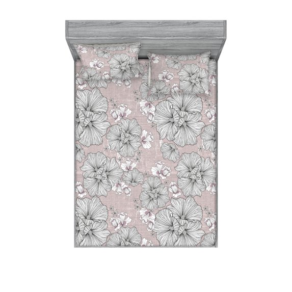 Flowers Boho Fitted Sheet & Pillow Sham Set, Vintage Sketch Style Illustration of Tropical Floral Pattern Art, Decorative Printed 3 Piece Bedding Decor, Full, Pale Mustard White Lilac, by Ambesonne