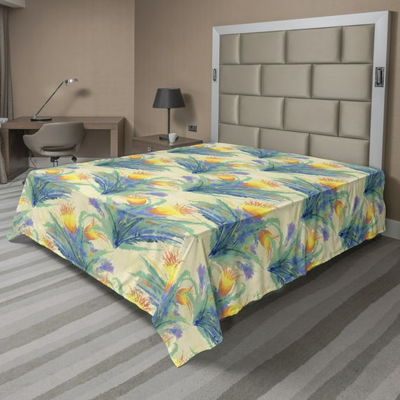 Ambesonne Flowers Boho Flat Bedding Sheet Soft Top Sheet, Aquarelle Floral Print, Full, Sea Green Mustard Violet