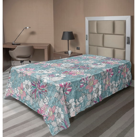 Ambesonne Flowers Boho Flat Bedding Sheet Soft Top Sheet, Colorful Dahlia Art, Twin XL, Hot Pink Seafoam and White