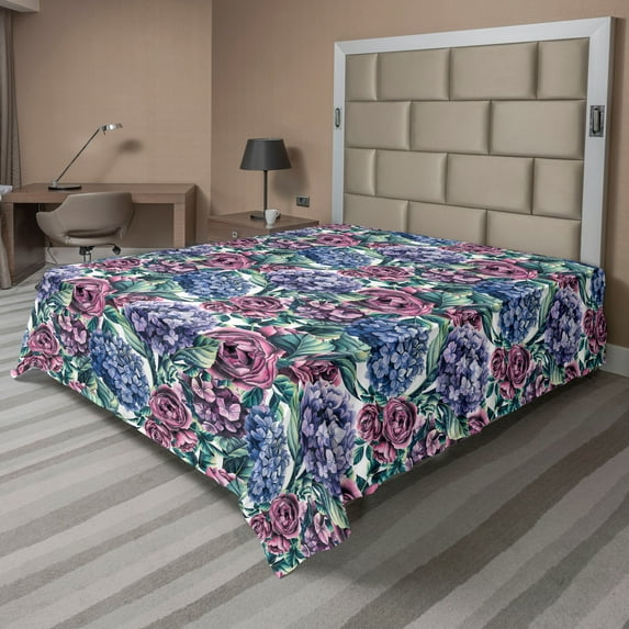 Ambesonne Flowers Boho Flat Bedding Sheet Soft Top Sheet, Garden Scene Rose Art, Full, Lavender Peacock Green