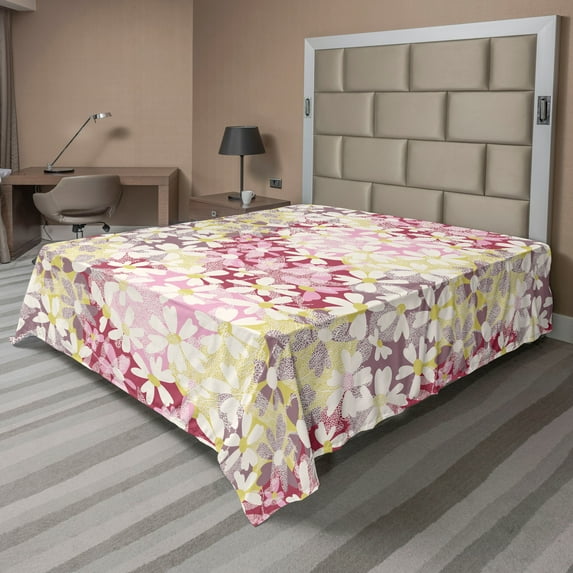 Ambesonne Flowers Boho Flat Bedding Sheet Soft Top Sheet, Daisy Minimalist Bloom, King, Magenta Yellow Green Pink