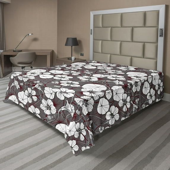 Ambesonne Flowers Boho Flat Bedding Sheet Soft Top Sheet, Simple Nasturtium Art, King, White Taupe Grey Redwood