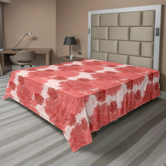 Ambesonne Flowers Boho Flat Bedding Sheet Soft Top Sheet, Vintage Dreamy Floral, California King, Coral Pale Maroon