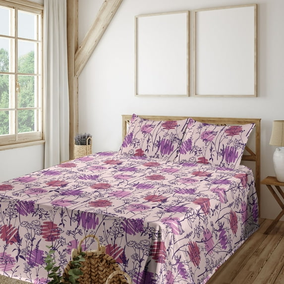 Ambesonne Flowers Boho Fitted & Flat Sheet with Shams 4 Pcs Set, Wild Meadow Blossoms, King, Soft Pink and Dark Purple