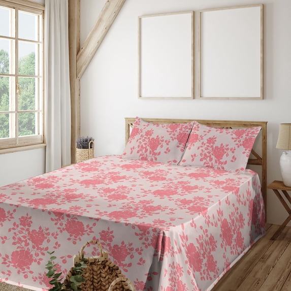Ambesonne Flowers Boho Fitted & Flat Sheet with Sham 3 Pcs Set, Blooming Floral Art, Twin, Coral and Pale Rose